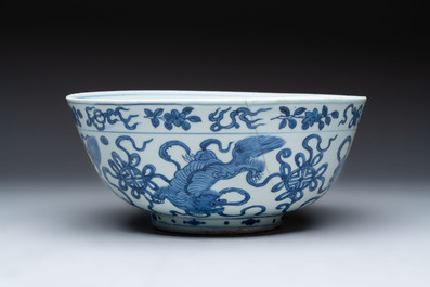 A large Chinese blue and white 'Buddhist lion' bowl and a Swatow blue and white bowl, Ming