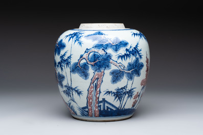 A Chinese blue, white and copper-red 'Three Friends of Winter' jar, and a blue and white 'Buddhist lion' dish, 18th C.