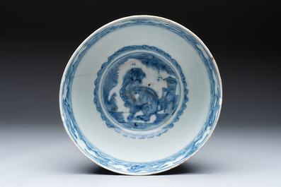 A large Chinese blue and white 'Buddhist lion' bowl and a Swatow blue and white bowl, Ming