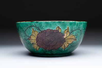A Japanese  Kutani bowl with peonies and a mountainous landscape design, Kutani 九谷 mark, 19/20th C.