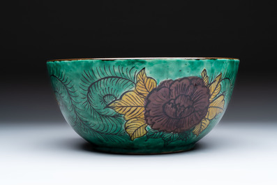 A Japanese  Kutani bowl with peonies and a mountainous landscape design, Kutani 九谷 mark, 19/20th C.