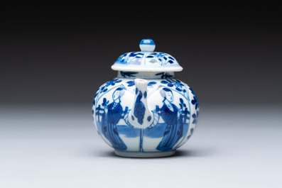 A small Chinese blue and white 'Long Eliza' teapot and cover, jade mark, Kangxi