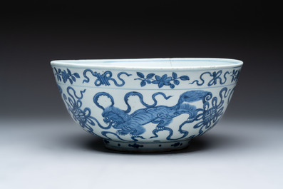 A large Chinese blue and white 'Buddhist lion' bowl and a Swatow blue and white bowl, Ming