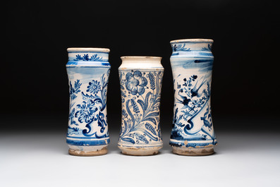 Three blue and white albarelli, Spain, 18th C.