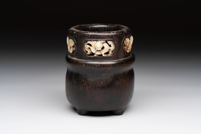 A Chinese mother-of-pearl-inlaid zitan bitong with chilong design, 18th C.