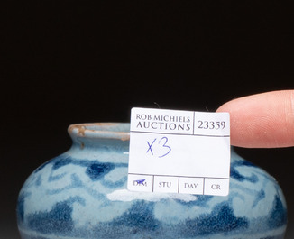 A blue and white albarello, a jug and a small jar, Italy, 17/18th C.
