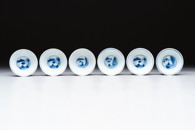 A set of six Chinese blue and white cups and saucers, Qing Yu Tang 青玉堂 and Lin Yu Tang 琳玉堂 marks, Kangxi
