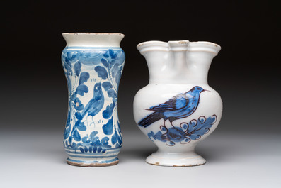 A blue and white albarello, a jug and a small jar, Italy, 17/18th C.