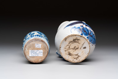 A blue and white albarello, a jug and a small jar, Italy, 17/18th C.