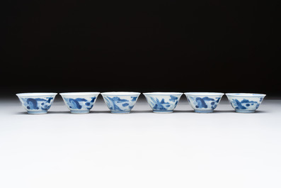 A set of six Chinese blue and white cups and saucers, Qing Yu Tang 青玉堂 and Lin Yu Tang 琳玉堂 marks, Kangxi