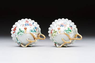 Two Chinese gilt-decorated famille rose cups and saucers with floral design, Qianlong