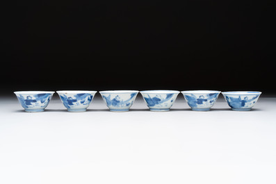 A set of six Chinese blue and white cups and saucers, Qing Yu Tang 青玉堂 and Lin Yu Tang 琳玉堂 marks, Kangxi