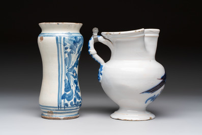 A blue and white albarello, a jug and a small jar, Italy, 17/18th C.
