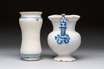 A blue and white albarello, a jug and a small jar, Italy, 17/18th C.