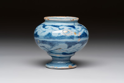 A blue and white albarello, a jug and a small jar, Italy, 17/18th C.