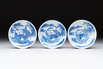 A set of six Chinese blue and white cups and saucers, Qing Yu Tang 青玉堂 and Lin Yu Tang 琳玉堂 marks, Kangxi