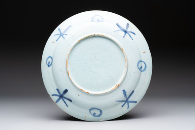 A blue and white Dutch Delft chinoiserie dish, 17th C.