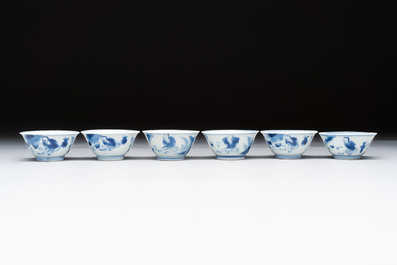 A set of six Chinese blue and white cups and saucers, Qing Yu Tang 青玉堂 and Lin Yu Tang 琳玉堂 marks, Kangxi