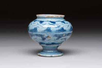 A blue and white albarello, a jug and a small jar, Italy, 17/18th C.