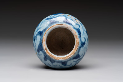 A blue and white albarello, a jug and a small jar, Italy, 17/18th C.