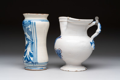 A blue and white albarello, a jug and a small jar, Italy, 17/18th C.