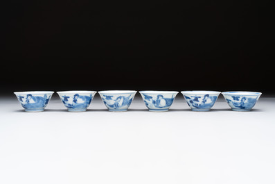 A set of six Chinese blue and white cups and saucers, Qing Yu Tang 青玉堂 and Lin Yu Tang 琳玉堂 marks, Kangxi