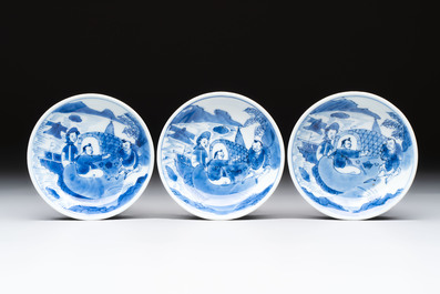 A set of six Chinese blue and white cups and saucers, Qing Yu Tang 青玉堂 and Lin Yu Tang 琳玉堂 marks, Kangxi