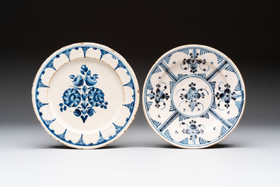Three blue and white Spanish pottery plates, a dish and a tazza with floral design, Talavera, 19th C.
