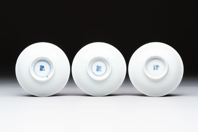 A set of six Chinese blue and white cups and saucers, Qing Yu Tang 青玉堂 and Lin Yu Tang 琳玉堂 marks, Kangxi
