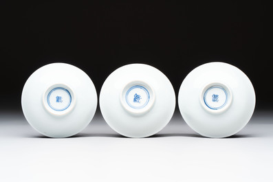 A set of six Chinese blue and white cups and saucers, Qing Yu Tang 青玉堂 and Lin Yu Tang 琳玉堂 marks, Kangxi