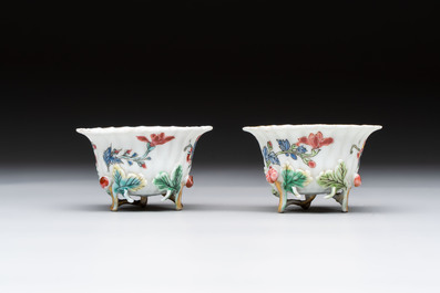Two Chinese gilt-decorated famille rose cups and saucers with floral design, Qianlong