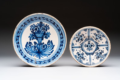Three blue and white Spanish pottery plates, a dish and a tazza with floral design, Talavera, 19th C.