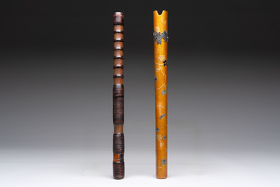 A Japanese bamboo flute with a gilt and lacquered silver-mounted wooden case, Yamada Jokasai 常嘉齋 mark, Edo, 18/19th C.