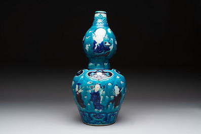 A large Chinese Fahua 'Ba Xian Zhu Shou 八仙祝壽' double gourd vase, 19th C.