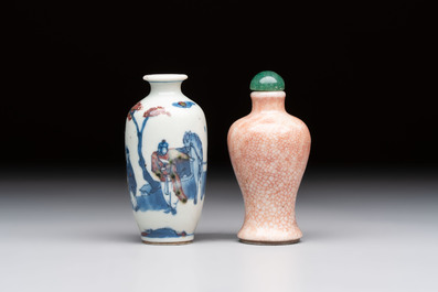 A Chinese peachbloom-crackle-glazed 'meiping' snuff bottle and a figural blue, white and copper-red snuff bottle, Yongzheng mark, 19th C.