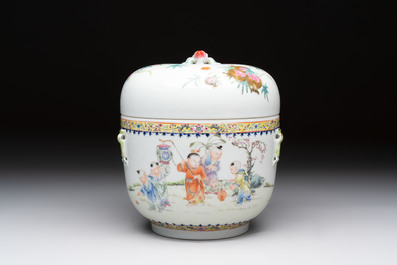 A Chinese famille rose 'playing boys' bowl and cover, Qianlong mark, Republic