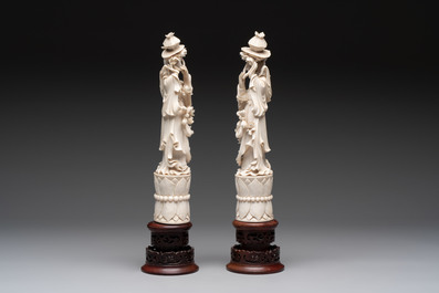 Two pairs of Chinese ivory 'elegant beauty' carvings, 'Da Hai 大海' mark, 19/20th C.