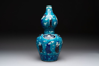 A large Chinese Fahua 'Ba Xian Zhu Shou 八仙祝壽' double gourd vase, 19th C.