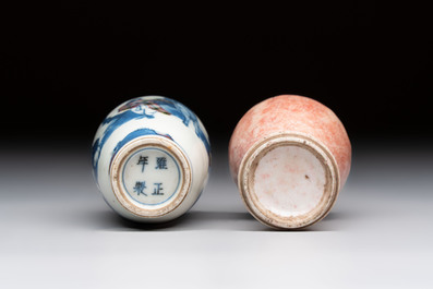 A Chinese peachbloom-crackle-glazed 'meiping' snuff bottle and a figural blue, white and copper-red snuff bottle, Yongzheng mark, 19th C.