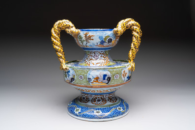 A large polychrome Nevers faience pot-pourri or flower arranging vase, France, 17th C.