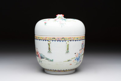 A Chinese famille rose 'playing boys' bowl and cover, Qianlong mark, Republic