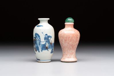 A Chinese peachbloom-crackle-glazed 'meiping' snuff bottle and a figural blue, white and copper-red snuff bottle, Yongzheng mark, 19th C.