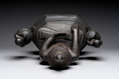 A large and fine Burmese bronze Buddha with two servants, 16/17th C.