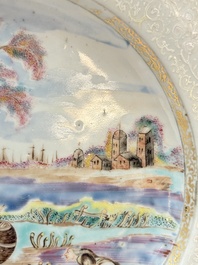 A Chinese famille rose bianco-sopra-bianco 'Peter The Great in Zaandam' plate, Qianlong