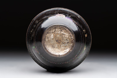 A Chinese silver-lined laque burgaut&eacute; bowl with figural design, Kangxi