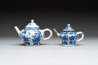 A varied collection of eight Chinese blue and white vases, two teapots and two loving cups, Kangxi/Qianlong
