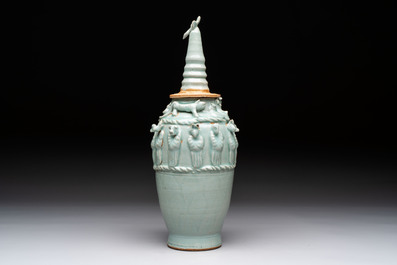 A Chinese qingbai-glazed covered urn applied with zodiac figures, Song