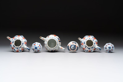 Three Chinese Imari-style teapots and two blue and white jugs, Kangxi