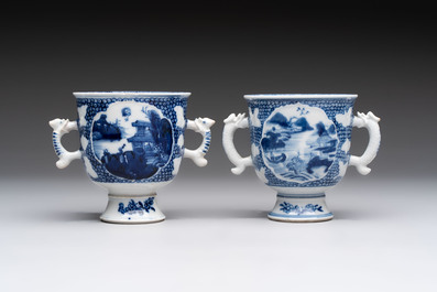A varied collection of eight Chinese blue and white vases, two teapots and two loving cups, Kangxi/Qianlong