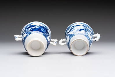 A varied collection of eight Chinese blue and white vases, two teapots and two loving cups, Kangxi/Qianlong